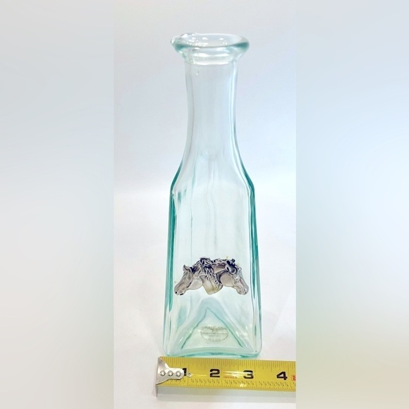 Vintage Blue Green Glass Bottle 9.5” Pewter Horse Medallion Heritage Metalworks - Picture 3 of 5